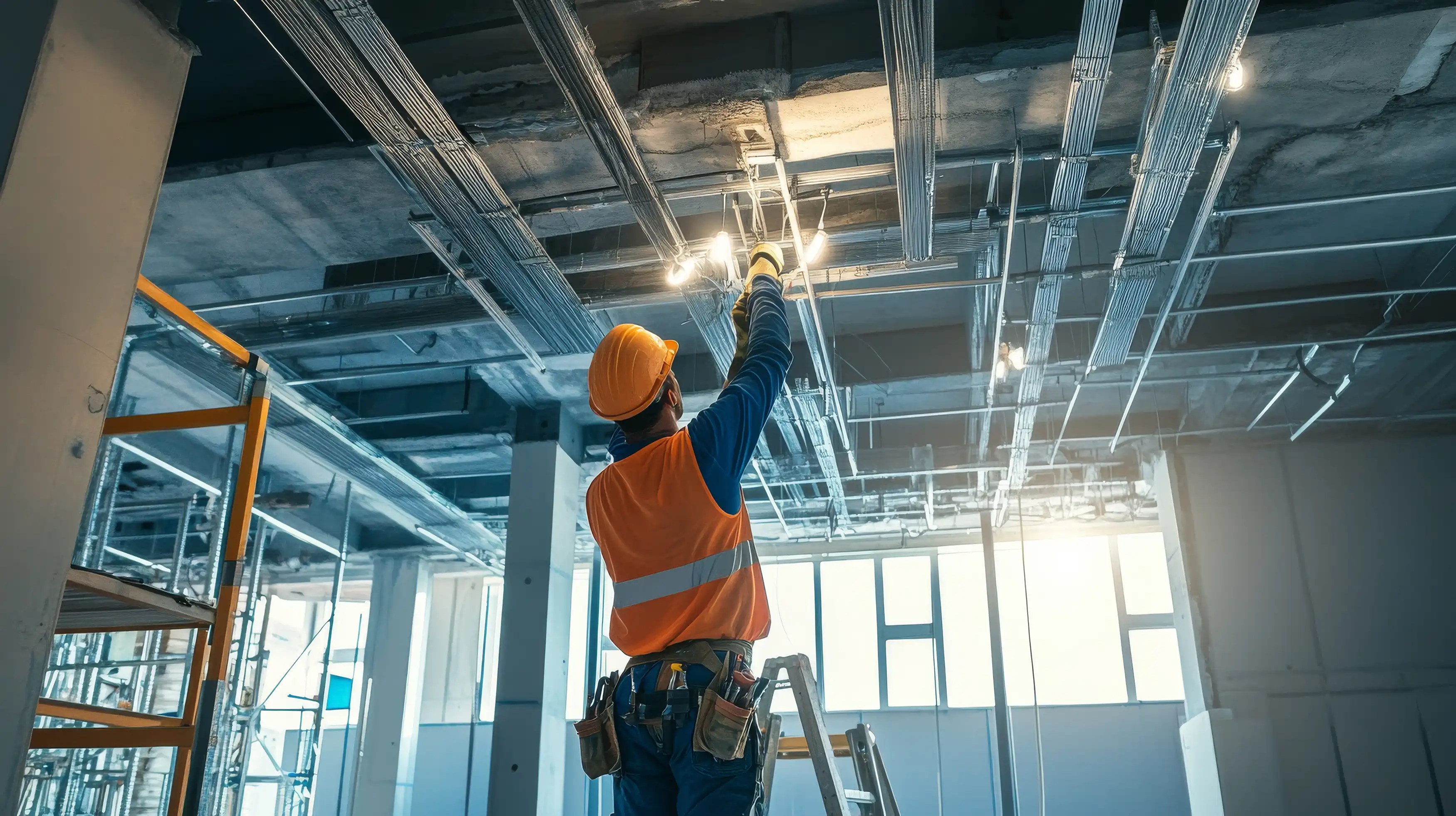 Urban Electric electrician installing commercial ceiling wiring